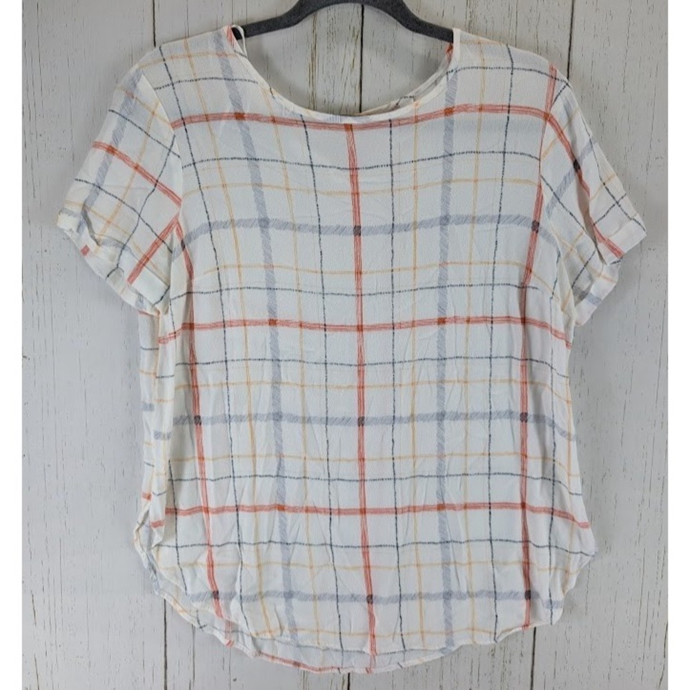 LC Lauren Conrad White Plaid Short-Sleeve Top with Orange and Blue Lines